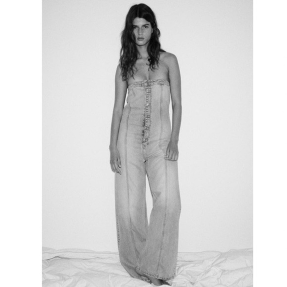 Zara TRF STRAPLESS DENIM JUMPSUIT Blogger Fav Wide Leg - Picture 1 of 15